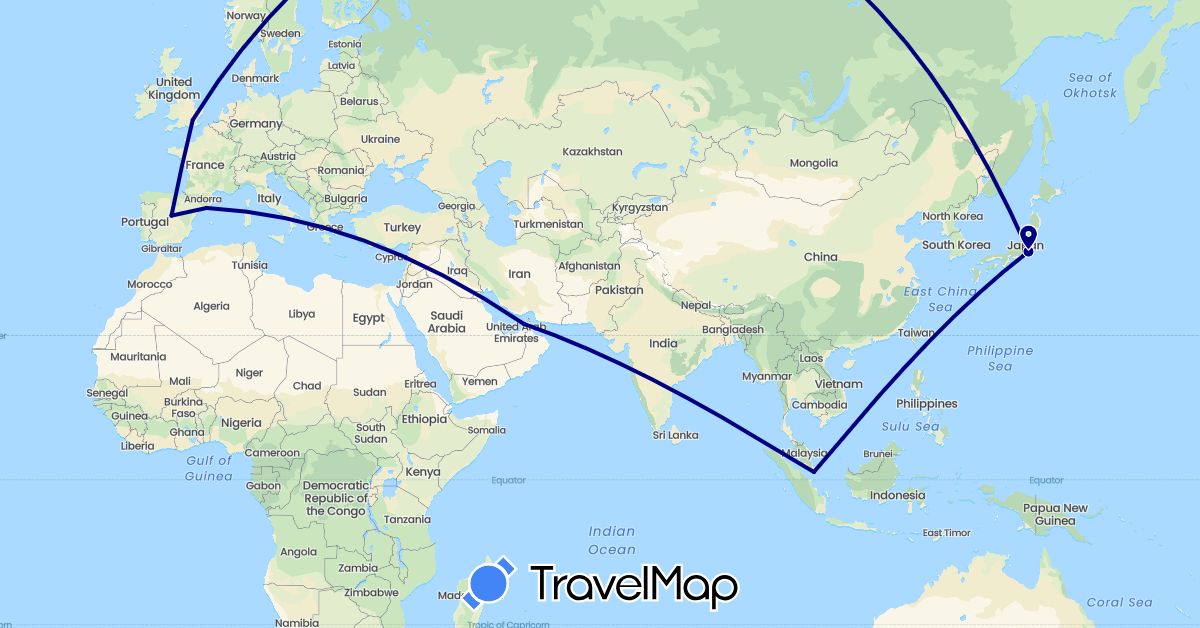 TravelMap itinerary: driving in United Arab Emirates, Spain, United Kingdom, Japan, Singapore (Asia, Europe)